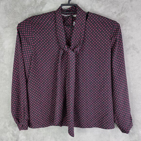 Womens Vintage Kasper Polka Dot Blouse Long Sleeve Tie-Neck Size 12 - Picture 2 of 8